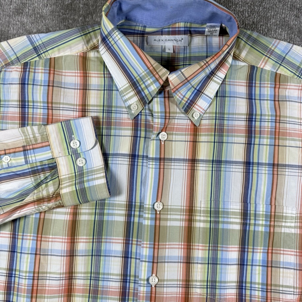 Alex Cannon Shirt Men's Large Blue Green Plaid Long Sleeve Button Up Cotton
